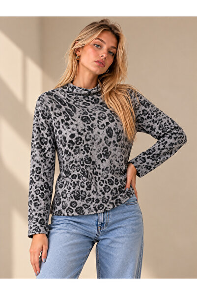 peralist Ženska siva bluza sa leopard printom, mekana tkanina, stojeći ovratn...