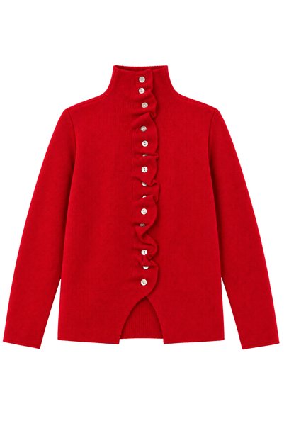 Yefrastore Women's Red Stand Collar Ruffle Detailed Buttoned Knitwear Cardigan