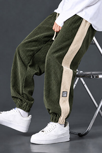 GENIUS STORE Men's Side-Trimmed Corduroy Trousers with Elastic Waist and Ankl...
