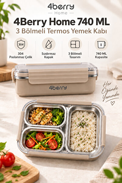4 Berry 4Berry Home 740 ML 3 Bölmeli 304 Paslanmaz Çelik Termos Yemek Kabı – ...
