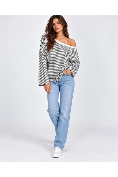 TENA Women's Navy Blue Off-Shoulder Thin Striped Blouse