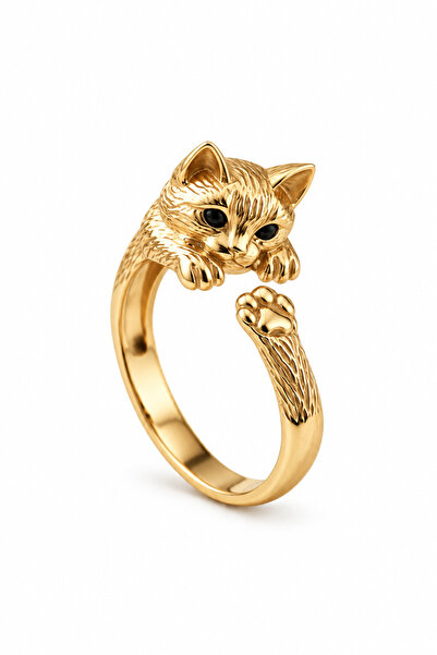 Coy Diamond 925 Ayar Gümüş Rose Gold Kedi Figürlü Kadın Yüzük, Siyah Gözlü Se...