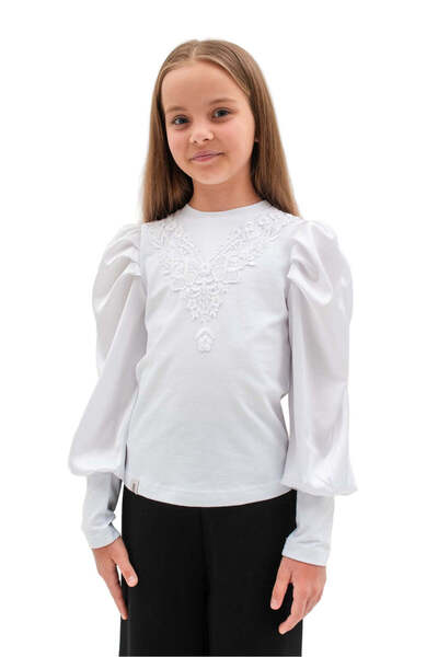 SOLLUXE JULIANA - Bluză elegantă din bumbac cu dantelă aplicată și mâneci buf...