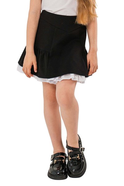 SOLLUXE DARINA – Fustă scurtă din stofă cu volan alb în contrast, negru