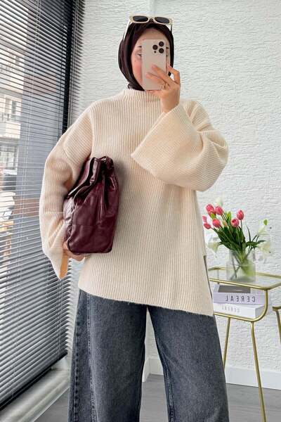 MELEK ARAZ Premium High Collar Knit Sweater with Side Slits - Beige