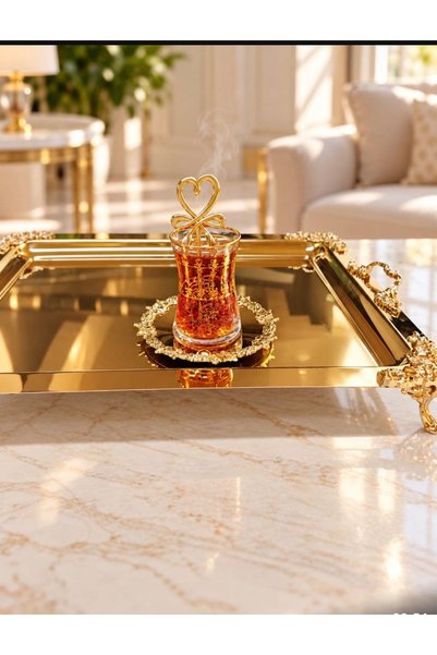 Buldem Transparent Glass Cups and Saucer Set with Gold Details, Heart-Shaped Accessories