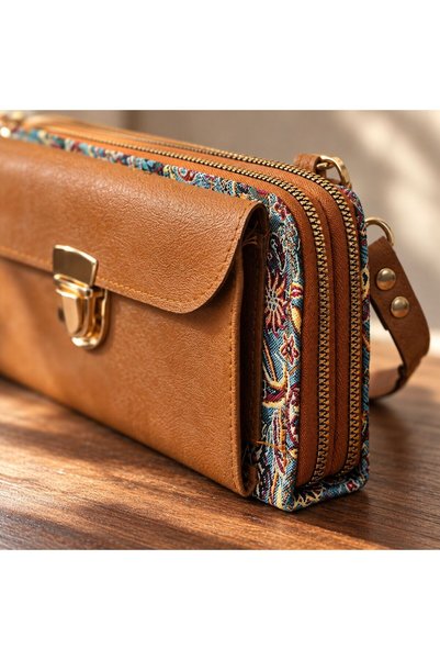 BIJUTERI Cnt-6030 Tan Light Blue Paisley Patterned Tapestry Crossbody Wallet Bag |   Eos Collective