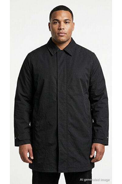Jack & Jones Plus Men's Black Jorshort Mac Coat Long Coat Classic Collar Hidd...