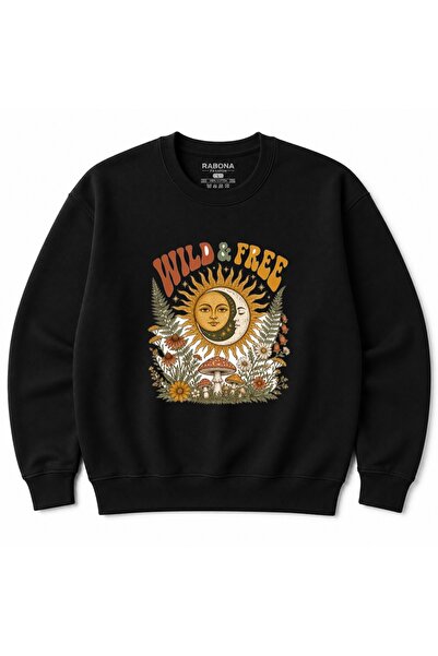 Rabona Fashion Wild & Free Celestial Sun Moon Boho Floral Graphic Sweatshirt