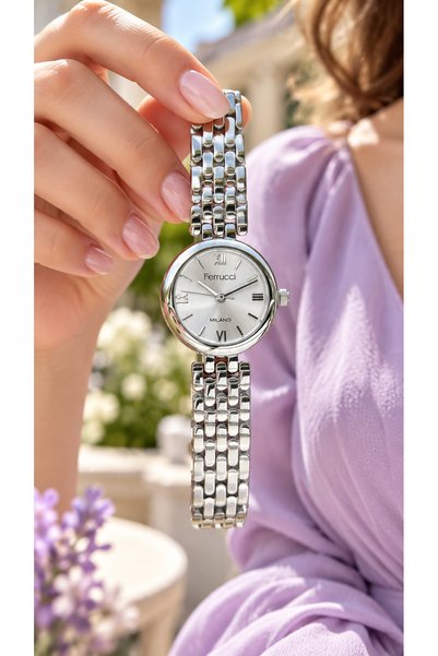 Ferrucci Small Case, Silver Steel Strap-White Dial-Women's Wristwatch in Styl...