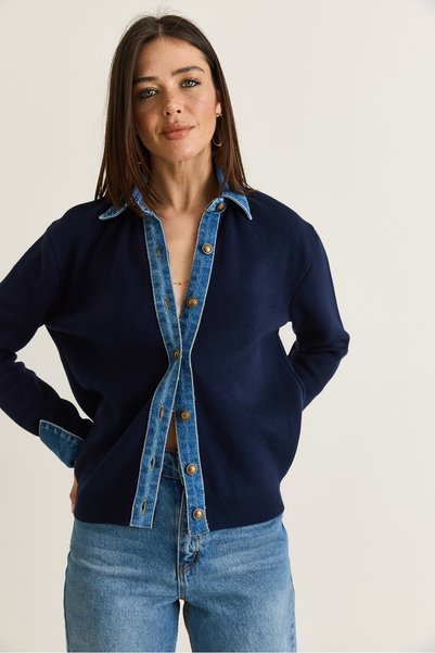 Bianco Lucci Kadın Lacivert Denim Garnili Gömlek Yaka Düğmeli Triko Hırka TH261080 60286682