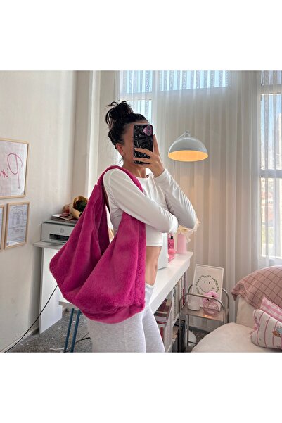 PİNKUE Geantă de umăr supradimensionată din pluș roz fucsia – compatibilă cu ...
