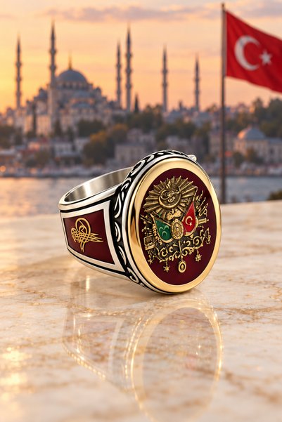 Siset Gümüş 925 Ayar Kırmızı Mineli Osmanlı Devlet Arması Erkek Gümüş Yüzük