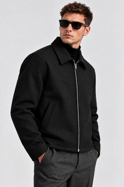 Montivo Men's Black Zippered Classic Collar Cashmere Jacket