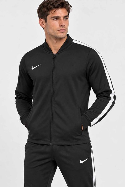 Nike Erkek Siyah Fermuarlı Eşofman Üstü Beyaz Şerit Detaylı Dik Yaka Spor Ceket