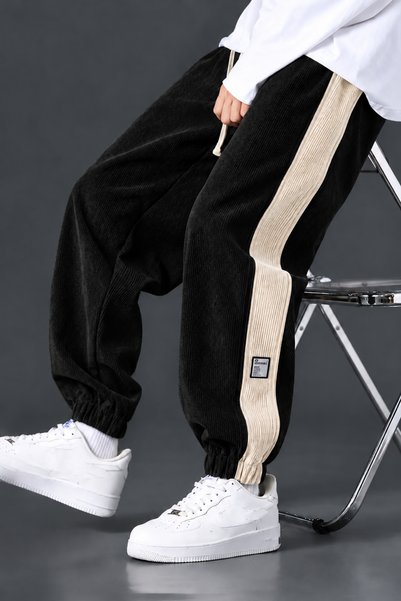 GENIUS STORE Men's Side-Trimmed Corduroy Trousers with Elastic Waist and Ankl...