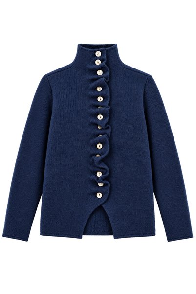 Yefrastore Women's Navy Blue Stand Collar Ruffle Detailed Buttoned Knitwear C...