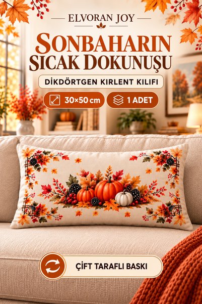 ELVORAN JOY Sonbahar Bal Kabağı Desenli Dikdörtgen Kırlent Kılıfı 30x50 cm Çi...