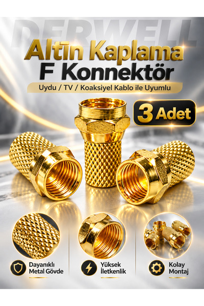 Derwell 3 Adet Gold F Tipi Uydu Konnektörü RG6 Koaksiyel Anten Kablo Ucu Giri...