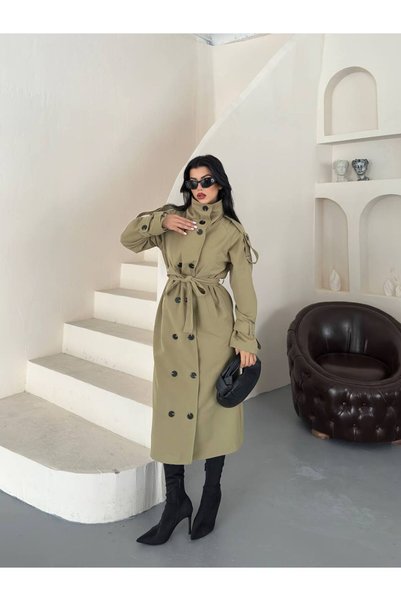 ORSELIA Women's Stand Collar Belted Epaulet Long Trench Coat