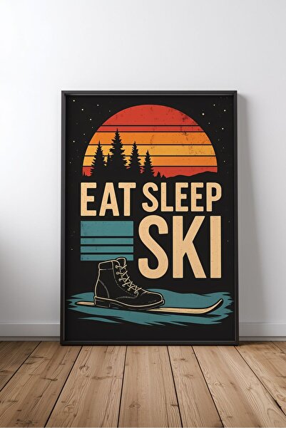KEYFHOME Mâncare Somn Schi Retro Apus de soare Încadrat MDF Tablou Poster Liv...