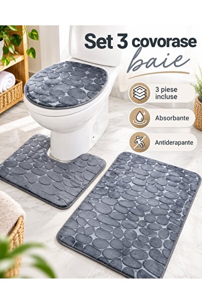 Fabrilux Set 3 covorase de baie antiderapante si absorbante, model pietre, gri