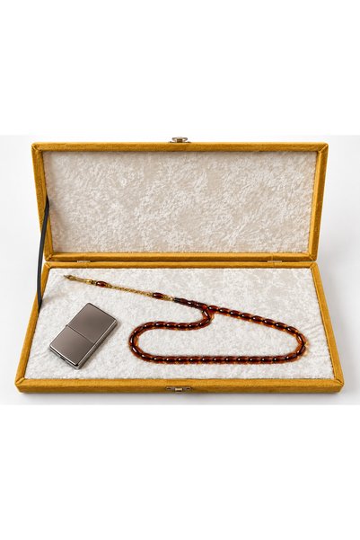 ÇELİKSİLVERTAKI Premium Velvet Boxed Amber Prayer Beads and Silver Tassel Lighter Gift Set
