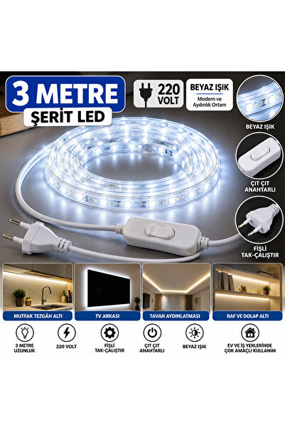 LED PAZARI 3 METRE BEYAZ ŞERİT LED MOTOR İSTEMEZ SU GEÇİRMEZ TAK ÇALIŞTIR ANA...