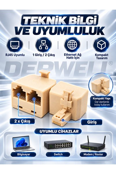 Derwell Yeni 2026 Model RJ45 Ethernet Çoklayıcı Dağıtıcı Adaptör | 1 Erkek 2 Dişi Çift Yollu Ağ Kablosu Birleştirici Çoklu Konnektör Çoğaltıcı | Modem Bilgisayar Router Uyumlu Splitter Dönüştürücü Aparat