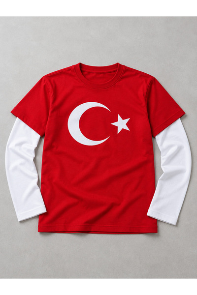 durumod Unisex Çocuk Beyaz Kol Detaylı Ay Yıldız Türk Bayraklı Kısa Kollu T-s...