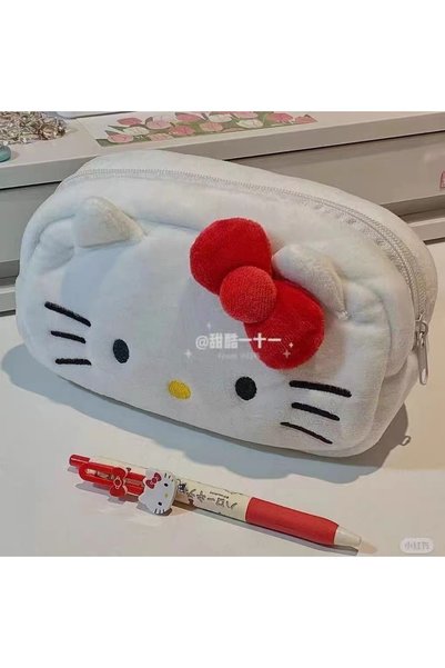 synshop Sevimli Kedi Hello Kittyyy Desenli Beyaz Peluş Çok Bölmeli Kalem Kutusu – Geniş Kapasiteli Fermuarlı Organizer Kalemlik