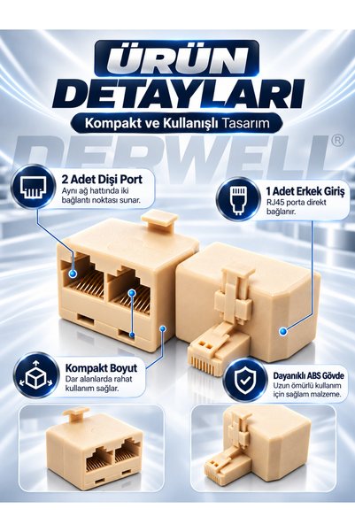 Derwell Yeni 2026 Model RJ45 Ethernet Çoklayıcı Dağıtıcı Adaptör | 1 Erkek 2 Dişi Çift Yollu Ağ Kablosu Birleştirici Çoklu Konnektör Çoğaltıcı | Modem Bilgisayar Router Uyumlu Splitter Dönüştürücü Aparat