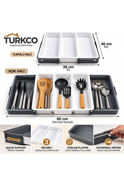 Turkco Organizator retractabil pentru sertar, cu 3 compartimente, suport pent...