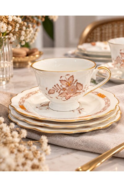 Massimo Verde Garden Brown 6 Kişilik Porselen Çay Fincanı Takımı