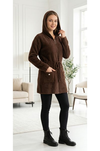 ZARİNCE LİFE Women's Hooded Zippered Soft Bearded Cardigan with Tie at the Waist