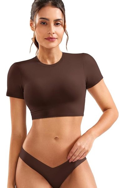 GENERAL YEOREO Short Sleeve T Shirt for Women Double Lined Crop Top Crew Neck...