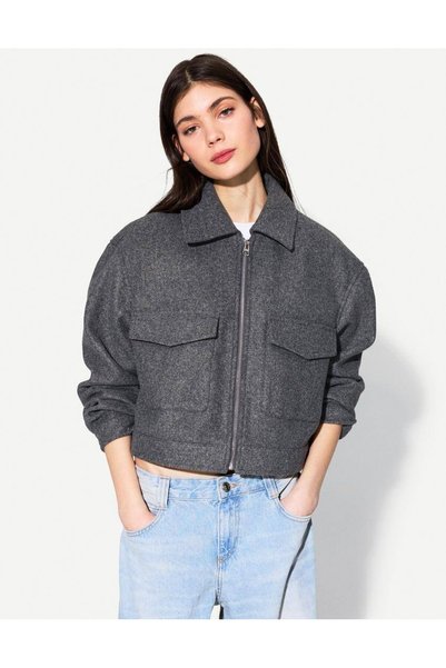 Glysso Norelle Women's Anthracite Shirt Collar Zippered Lined Double Pocket S...