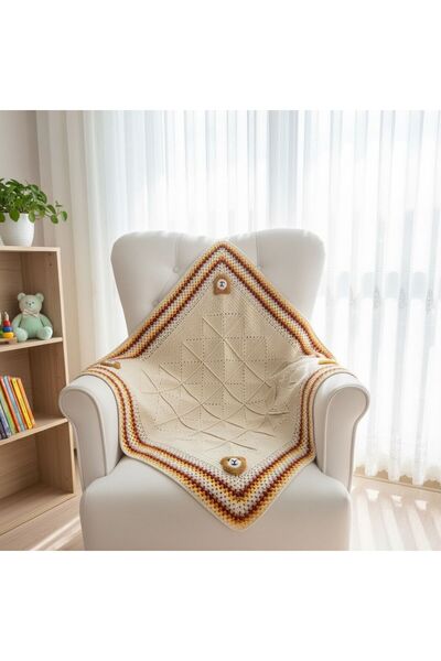 Crochet Bilgen El Örgüsü Ayıcık Motifli Bebek Battaniyesi Pamuklu İp 90x90 cm...