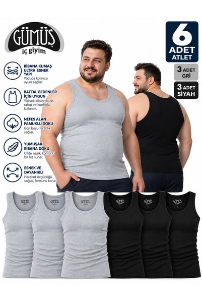 Gümüş Premium Erkek Büyük Beden %100 Pamuk Ribana Atlet 6’lı Paket 3 Gri 3 Siyah Ultra Esnek Battal Beden Pamuklu İç Giyim Atlet