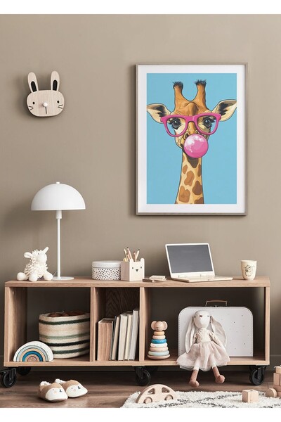 KEYFHOME Gumă Roz Jucător Girafă Cadru din lemn MDF Tablou Poster Cameră Copi...