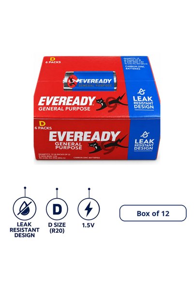 Eveready General Purpose D Size R20 1.5V Carbon Zinc Battery, Leak Resistant Design (Box of 12)