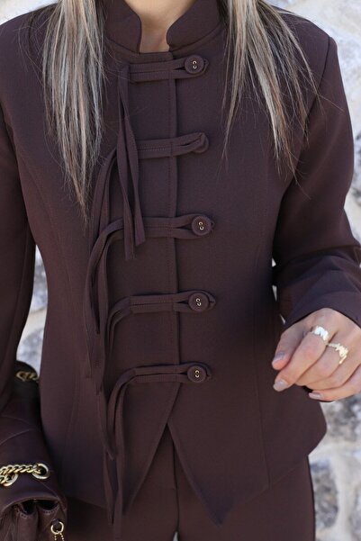 bytugcekaya Bitter Brown Button Detailed Short Blazer