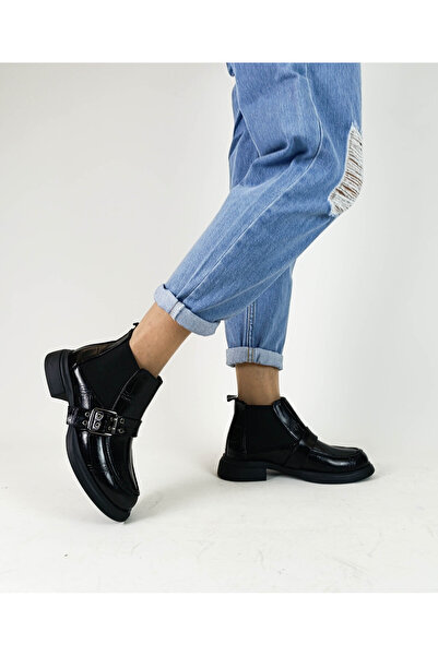 GDT Ayakkabı Black Color Elastic Buckle Women's Boots