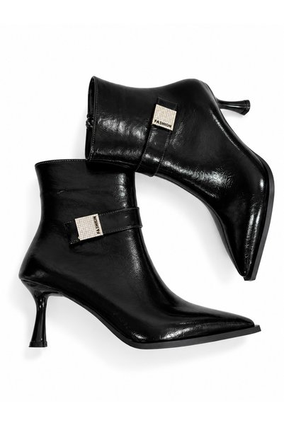 Conforty Women's Shiny Patent Leather Look Stone Buckle Elegant Pointed Toe Zippered Thin Heeled Boots