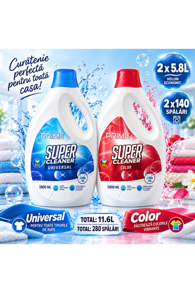 Prime Pack of 2× Laundry Detergent 5.8L – Universal + Color, 280 Washes Total