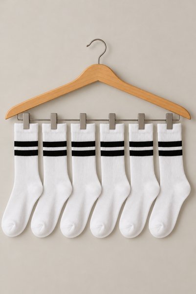 Eveerloop Siyah Çift Çizgili Beyaz Uzun Kolej Çorabı 6’lı Set