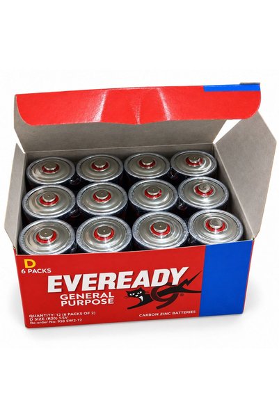 Eveready General Purpose D Size R20 1.5V Carbon Zinc Battery, Leak Resistant Design (Box of 12)