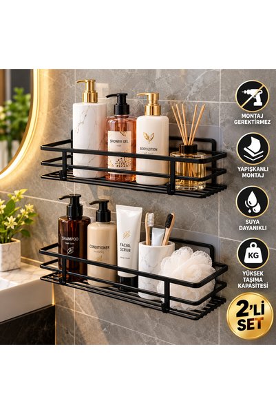 Genel Markalar 2’li Siyah Metal Yapışkanlı Mutfak ve Banyo Rafı – Delmeden Mo...
