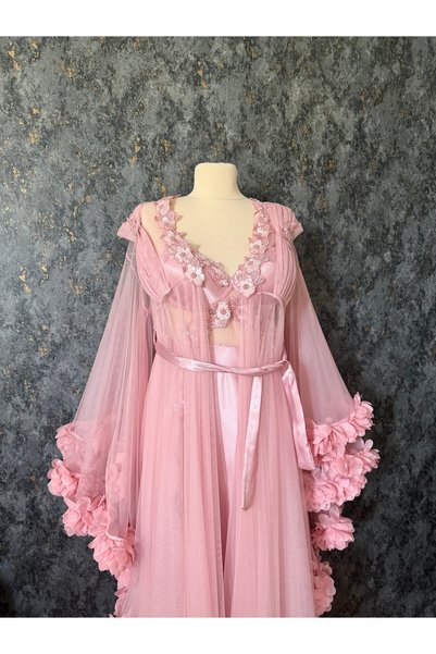 Loviana belle Special Design Rose Detailed Long Dressing Gown and Nightgown Set Satin (Boxed)