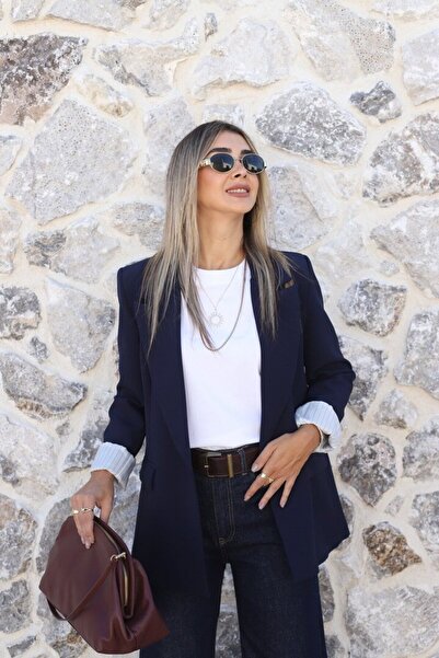 bytugcekaya Navy Blue Folded-Sleeve Striped Lined Blazer